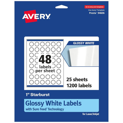 Avery Glossy White Starburst Labels with Sure Feed, 1", 1,200 Glossy White Labels, Print-to-The-Edge, Permanent Label Adhesive, Laser/Inkjet Printable Labels