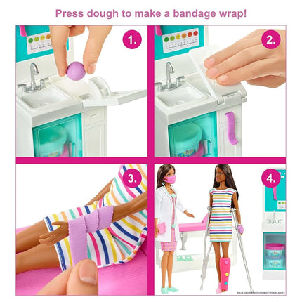 Barbie Fast Cast Clinic Playset, Brunette Barbie Doctor Doll , 30+ Play Pieces, Cast & Bandage Making, Medical & X-ray Stations, Exam Table, Gift Shop & More, Gift for 3 Years Old & Up, HFT68