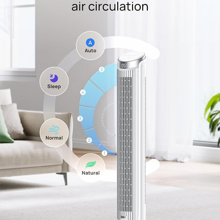 Dreo Tower Fans for Bedroom, 90� Oscillating Fans for indoors, 4 Modes 5 Speeds Max 26ft/s, 12H Timer, LED Display with Touch, Remote, 40" Quiet Bladeless Standing Floor Fan for Home Office, White
