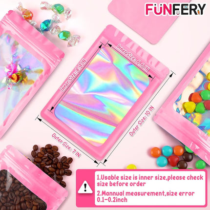 Funfery 100 Pack Resealable Bags Clear Holographic Bags,Smell Proof Packaging Baggies,Mylar Food Storage Bag,Zipper Sealing Pouch for Coffee Beans,Cookies,Jewelry Sample Small Business(Pink,7x10in)
