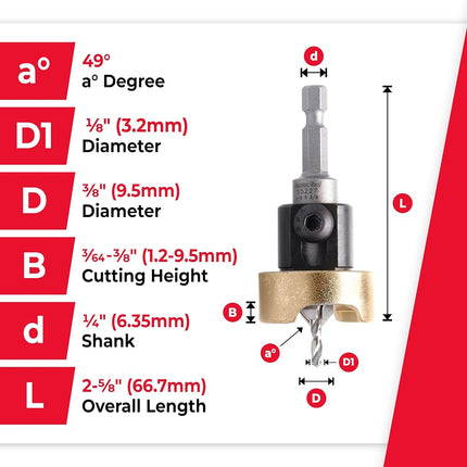 Amana Tool 55227 Carbide Tipped Countersink with No Burning and No Marring Adjustable Depth Stop with No-Thrust BB, 3/8 D x 1/8 Drill D x 1/4 Inch Quick Release Hex SHK