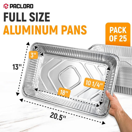 Paclord Aluminum Foil Pans - Full-Size 21" x 13", Pack of 25 - USA-Made Disposable Aluminum Trays for Steam Table & Chafing Racks - Great for Baking, Catering, BBQ, Parties, Food Delivery