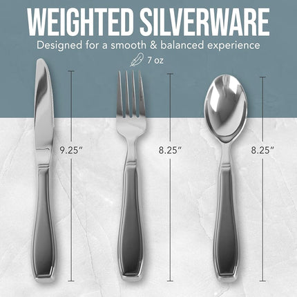 BUNMO Weighted Utensils for Tremors and Parkinsons Patients - Heavy Weight Silverware Set of Knife, Fork and Spoon - Adaptive Eating Flatware (3 Pieces)