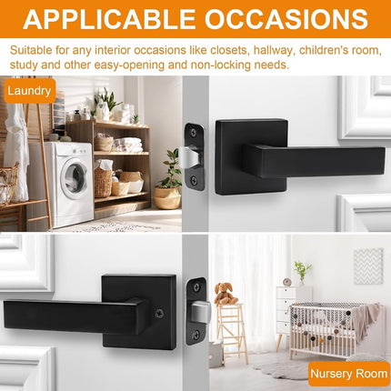 5 Pack Passage Door Handles Matte Black Door Knobs, Interior Door Knobs Square Heavy Duty Non-Locking Handlesets Hall Closet Handles, Reversible for Right & Left Sided Doors