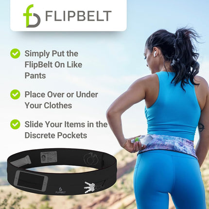 FlipBelt Classic Running Belt for Phone and Small Accessories, Exercise Waist Pouch for Women and Men, XXS Black