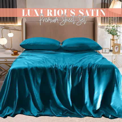 Parure de draps luxueuse en satin soyeux 4 pièces Elegant Comfort, douce pour la peau et les cheveux, infroissable, résistante à la décoloration et aux taches, avec drap-housse à poches profondes, fraîcheur et douceur, lit simple, turquoise