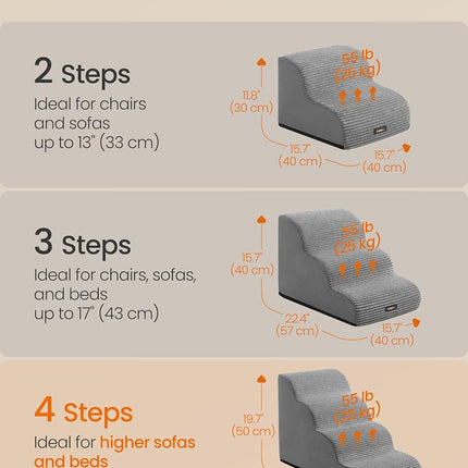Feandrea Dog Stairs, 4 Steps, Pet Stairs, for Small Dogs, Bed, Sofa, Waterproof Cat Stairs, Non-Slip, Gringe Tilt, Removable Washable Cover, Handle, Dove Grey PPS004G01