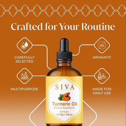 SIVA Turmeric Oil 4 fl oz – 100% Natural Steam Distilled Essential Oil with Dropper – For Diffuser, Hair, Skin, Soap & Candle Making