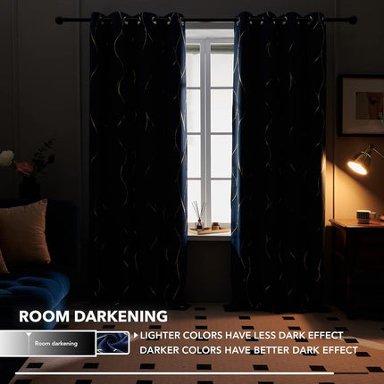 Deconovo Gold Wave Foil Print Blackout Curtains, 52W x 84L Inch, Navy Blue, 1 Pair, Grommet Light Blocking Room Darkening Curtain, Noise Reducing Window Drapes for Living Room Bedroom