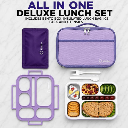 Bento-Box with Bag and Ice Pack Set. Lunch Boxes Snack Containers for Kids Boys Girls Adults. 6 Compartments, Leakproof Portion Container Boxes Insulated Bags for School Lunches, BPA Free, Purple…