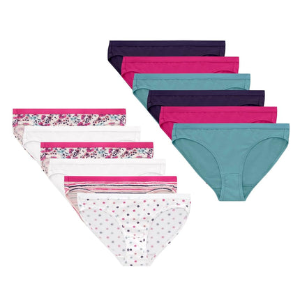 Hanes Bikini Underwear, Stretch Cotton Panties for Girls, Assorted, 12-Pack, Purple, Blue, Pink, Floral Print, Stripe Print, Dot Print, 14