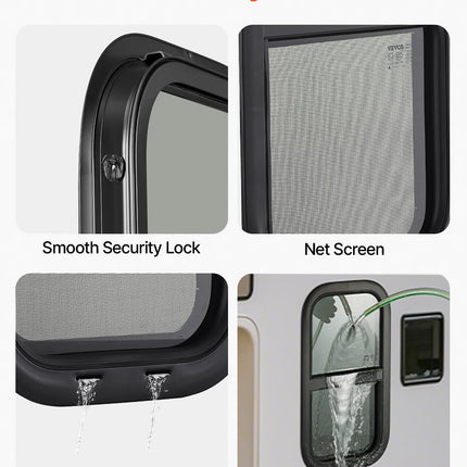 VEVOR Vertical RV Window, 12" W x 24" H Tinted Sliding with Net Screen & Trim Ring, Fit 15/16" - 1 3/4" Thickness Wall, RV Window Replacement for Teardrop Cargo Trailer Camper, DOT Approved