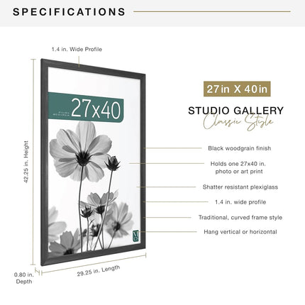 MCS Studio Gallery Cadre d'Affiche de Film Classique 68,5x101,5 cm Grain de Bois Noir, Cadre Photo Grand Format à Suspendre Verticalement et Horizontalement pour Photos, Œuvres d'Art et Affiches Personnalisées (1 Unité)