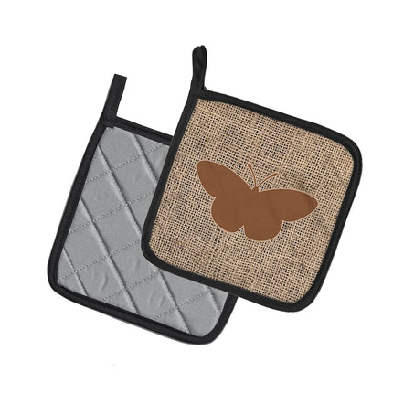 Caroline's Treasures Butterfly Faux Burlap and Brown Pair of Pot Holders BB1044-BL-BN-PTHD, Fabric, Multicolor