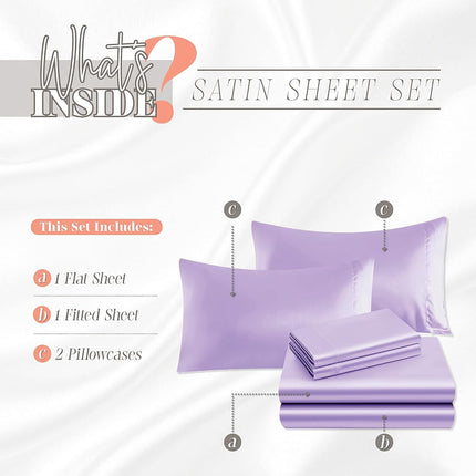 Elegant Comfort Luxurious 4-Piece Silky Satin Sheet Set, Skin and Hair Friendly, Wrinkle, Fade, Stain Resistant with Deep Pockets Fitted Sheet, Cooling Soft Satin Sheet Set, Twin, Lilac