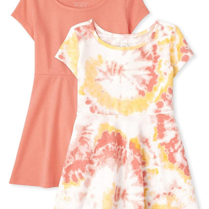 The Children's Place Girls' and Toddler Short Sleeve Everyday Dresses, Daisy Tie Dye Skater 2-Pack, 2T