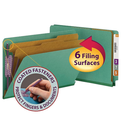 Dossier de classement en carton pressé 100 % recyclé Smead à onglet latéral avec attaches SafeSHIELD, 2 intercalaires, extension de 5 cm, format légal, vert, 10 par boîte (29785)
