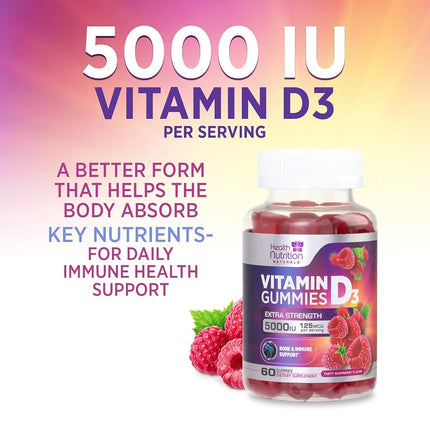 Vitamin D3 Gummy Vitamins, 125mcg per Serving, Immune Support, Delicious Raspberry Flavor, 60 ct (30 Day Supply)