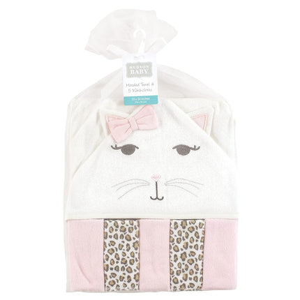 Hudson Baby Unisex Baby Hooded Towel and Five Washcloths, Kitty, One Size