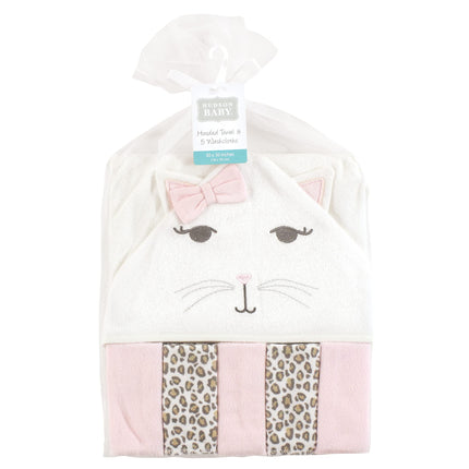 Hudson Baby Unisex Baby Hooded Towel and Five Washcloths, Kitty, One Size