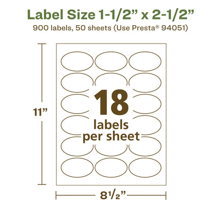 Avery EcoFriendly Matte White Recycled Oval Labels, 1.5" x 2.5", Matte White Labels, Permanent Adhesive, Laser/Inkjet Printable, 900 Total