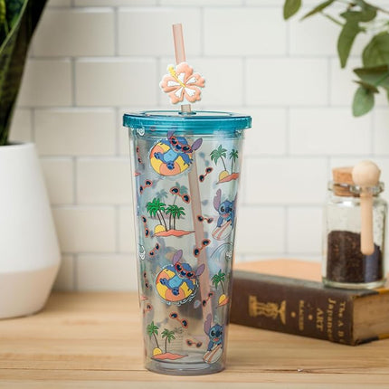 Gobelet en plastique froid Silver Buffalo Disney Lilo et Stitch Motif plage et palmiers, avec couvercle et paille, 700 ml