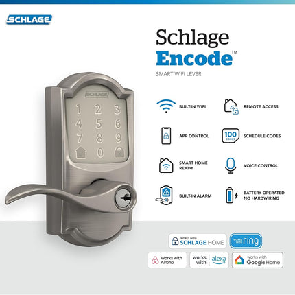 FE789WB CAM 619 Acc Encode WiFi Accent Lever Smart Lock, Keyless Entry Touchscreen Door Lock with Camelot Trim, Satin Nickel
