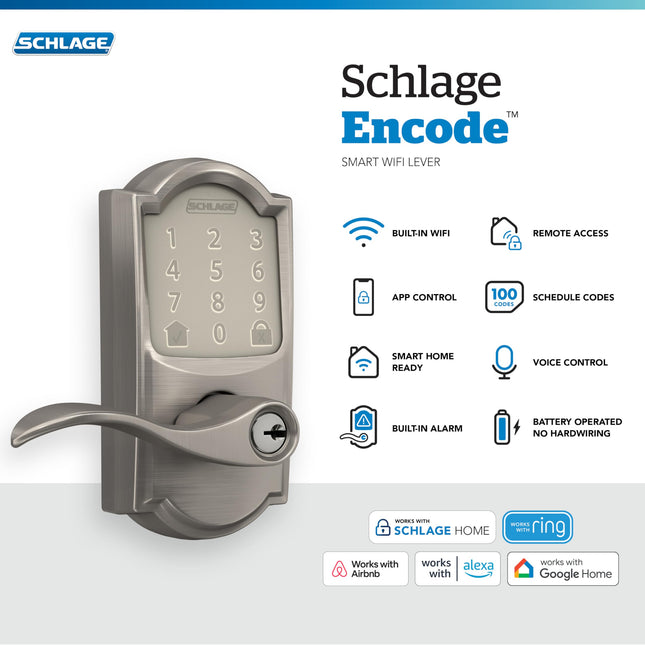 FE789WB CAM 619 Acc Encode WiFi Accent Lever Smart Lock, Keyless Entry Touchscreen Door Lock with Camelot Trim, Satin Nickel