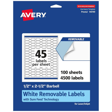 Avery Matte White Removable Barbell Labels with Sure Feed Technology, 0.5" x 2.5", 4,500 Removable Labels, Laser/Inkjet Printable Labels