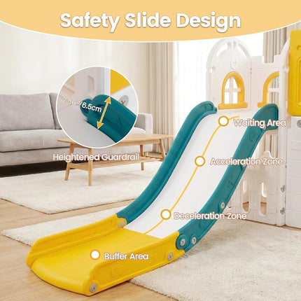 OLAKIDS Toddler Slide, 9 in 1 Kids Indoor Outdoor Playground with Climber Basketball Hoop Telescope Tunnel Corridor Toy Storage Steering Wheel for Boys Girls Aged 1+