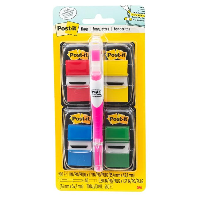 Post-it Flags Value Pack with Free Flag+ Pen, Assorted Primary Colors, 1-Inch Wide, 50/Dispenser, 4-Dispensers