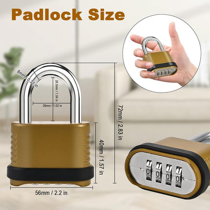 2 Pack Combination Lock | 4-Digit Heavy Duty Combo Lock - 26.5mm Outdoor Waterproof Combination Padlock for Outdoor Fence, Locker, Sheds, Gym, Gate Hasps - Golden (2pcs, Short Shackle)