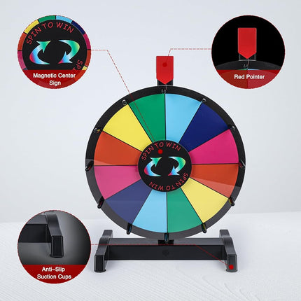 Hooomyai HC Display 12" Tabletop Spinning Prize Wheel 12 Slots with Durable Plastic Base, 2 Pointer, for Fortune Spin Game in Party Pub Trade Show Carnival
