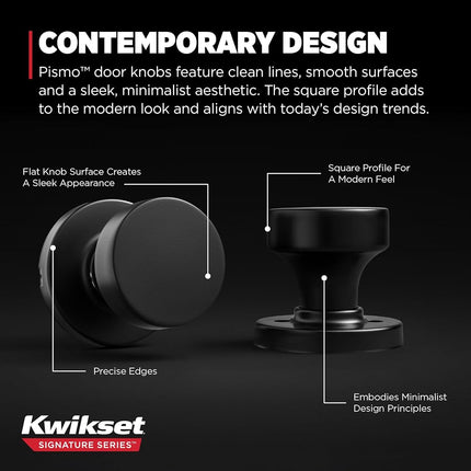 Kwikset Pismo Interior Passage Door Knob, Handle for Closet and Hallway Doors, Non-Locking Doorknob in Matte Black, with Microban Protection