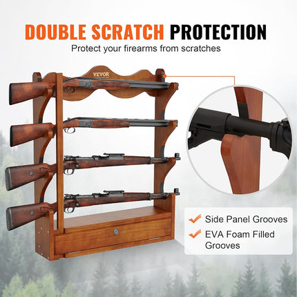 VEVOE Gun Rack, Wood Gun Rack Wall Mount, Gun Display Rack Holds 4 Rifles, Shotguns, 132 lb Heavy Duty Wall Storage Display Rifle Rack with Soft Padding