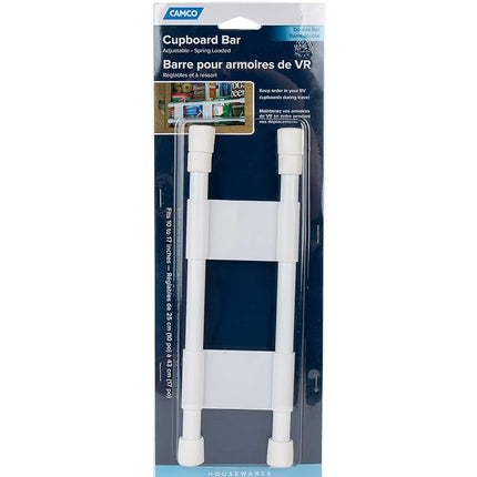 Camco 17" RV Double Cupboard Bar, Holds Food and Drinks in Place During Travel, Prevents Messy Spills, Spring Loaded and Extends Between 10" and 17" - White ( 44093)