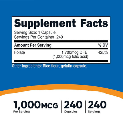 Nutricost Folic Acid (Vitamin B9) 1000 mcg, 240 Capsules