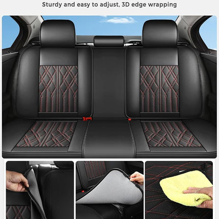 Funda de asiento trasero de cuero Huidasource, fundas de asiento de coche impermeables con banco trasero dividido, protector de cojín de asiento de vehículo de ajuste universal para la mayoría de coches sedán, SUV, camionetas (fila trasera/negro y rojo)