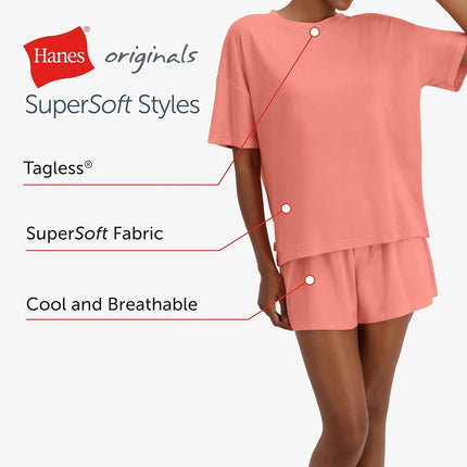 Hanes Women's Originals 2 Piece Lounge, Comfywear Supersoft Boxy T-Shirt & Sleep Shorts Loungewear Set, Rosey Red/Rosey Red, M