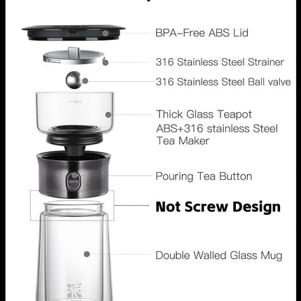 ZENS Modern Glass Tea Infuser Teapot, Smart One Touch Tea Maker for Loose Tea Diffusers with Insulated Mug and Portable Tea Kits, Cool Gongfu Tea Pot for Black Tea Lover Gifts