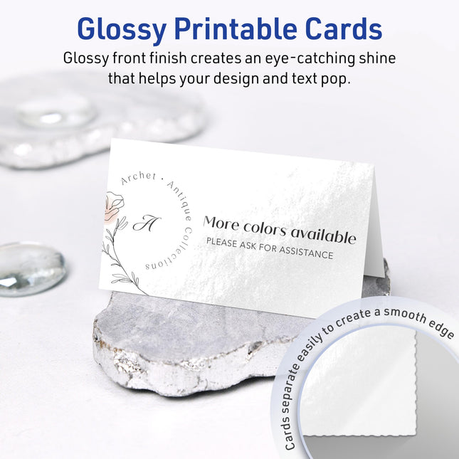 Avery Printable Rectangle Tent Cards with Sure Feed Technology, 2" x 3.5", Glossy White Cardstock, Print-to-the-Edge, Laser/Inkjet, 200 Total, Great for Table Talkers, Promotional Signs, and More