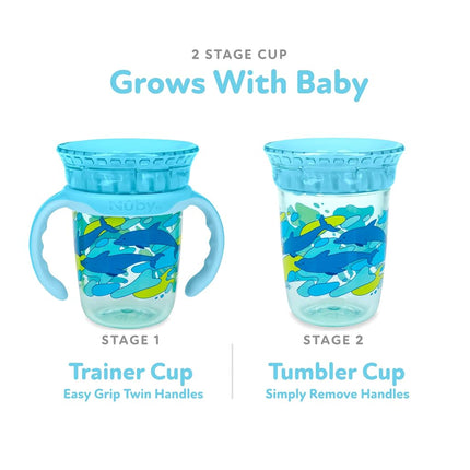 NUBY 360 Edge 2 Stage Drinking Rim Cup with Removable Handles & hygienic Cover: 8 Oz/ 240 Ml, 12M+, Dolphins, Aqua