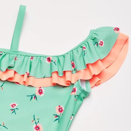 Kanu Surf Girls' Morgan Floral Ruffle 1-Shoulder 1-Piece Swimsuit, Aqua, 14