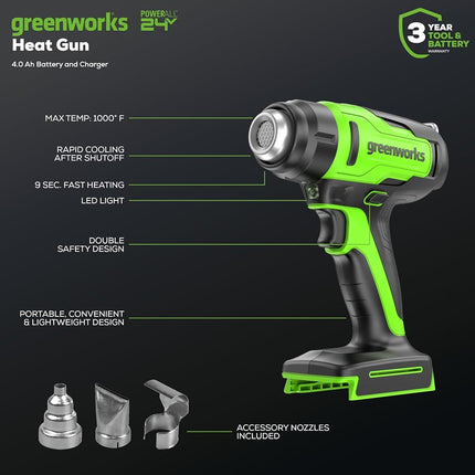 Greenworks 24V Cordless Heat Gun Kit, 4.0Ah Battery & Charger Included - Hot Air Tool, Max to 1000℉/538℃ with 3 Nozzles for Home, Garage, Outdoors