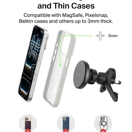 Belkin Wireless Car Charger, Magnetic Car Ventilation Holder with 1M USB C Cable, Qi2 MagSafe Compatible Fast Charger for iPhone 17, Galaxy S25, Pixel 10 and More - Travel Accessories - Black