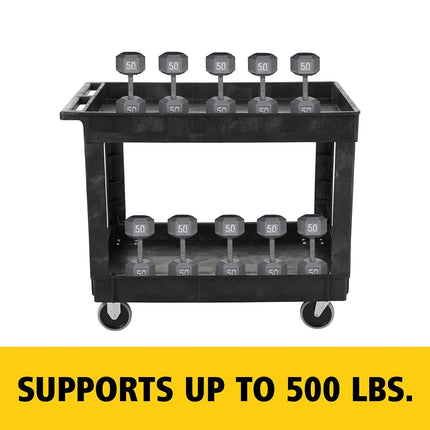 Rubbermaid Commercial Products Heavy-Duty Utility Cart, Flat Handle, 2 Lipped Shelves, Medium, Black (FG452089BLA)