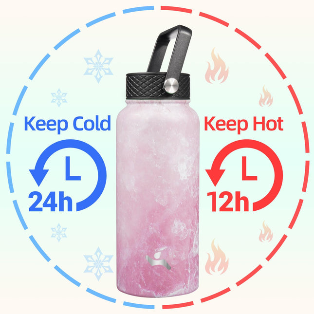 Konokyo Insulated Water Bottle 32oz Stainless Steel Water Bottles with 3 Lids,Marble Blossom