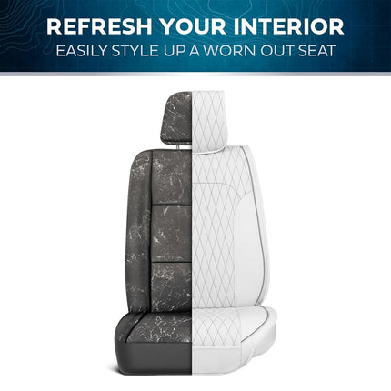 MotorBox Fundas de asiento – Edición DiamondLux Protectores de asiento de piel sintética premium blancos – Accesorios automotrices acolchados con doble costura en forma de cruz para camiones, todoterrenos, coches – Juego de asientos delanteros