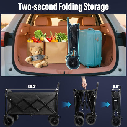 Chariot pliant, capacité de 295 kg, chariot utilitaire pliable de 300 L avec roues tout-terrain et freins, chariot de plage pliable robuste pour l'épicerie, le camping, le sport, les courses – Noir