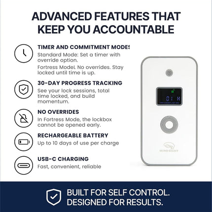 Mindsight Personal Timed Lock Box | Beat Everyday Temptations & Screen Time | 3 Commitment Modes | Fits 1 Phone with Standard Case | Charges While Locked | Out of Sight, Out of Mind